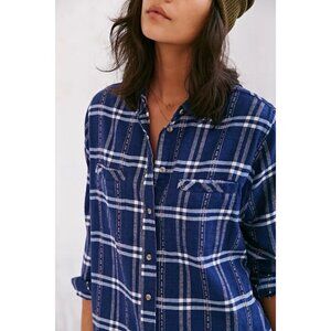 BDG Women’s Obie Flannel Button-Down Shirt Blue Plaid Small Boho